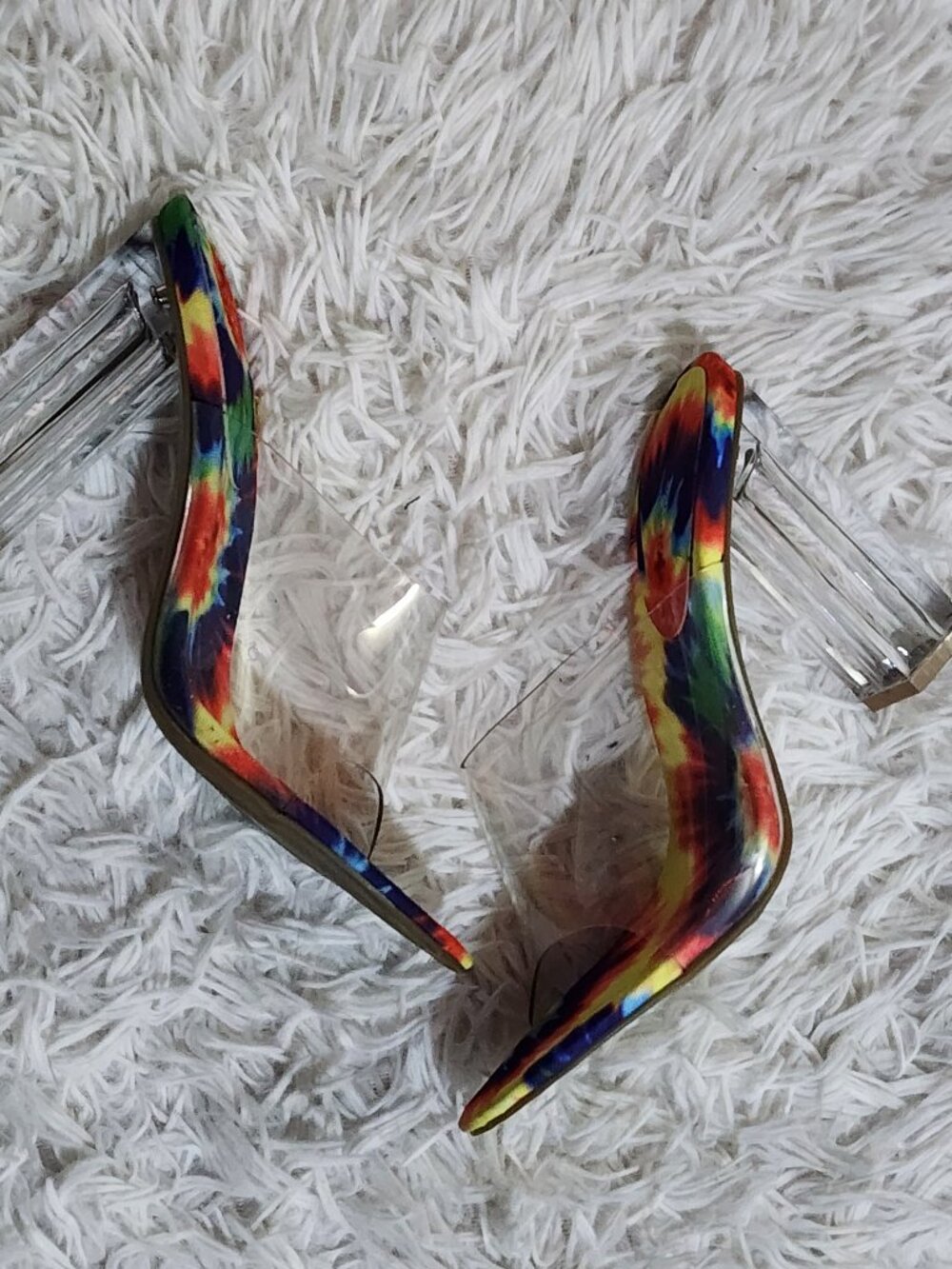 Torta Caliente Rainbow Tie Dye Clear Block High Heel Mules